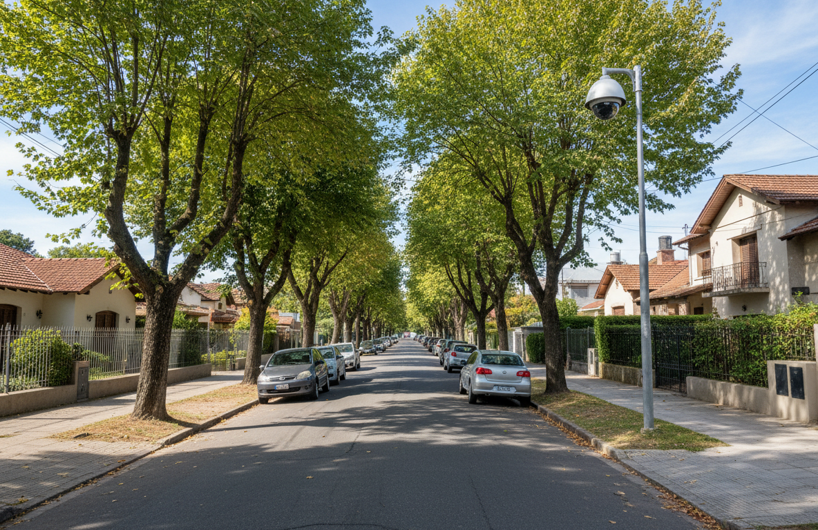 Calle residencial con cámara de videovigilancia municipal