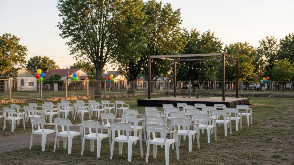 Escenario y sillas en un predio al aire libre preparado para una fiesta comunitaria, sin logos.