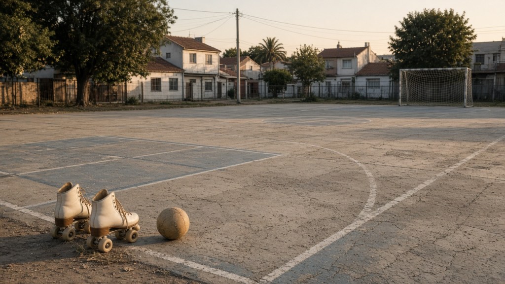 Playón deportivo al aire libre en un barrio del conurbano, sin logos.