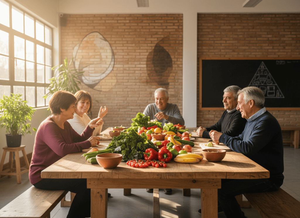 Adultos mayores en un taller de alimentación saludable en un centro comunitario
