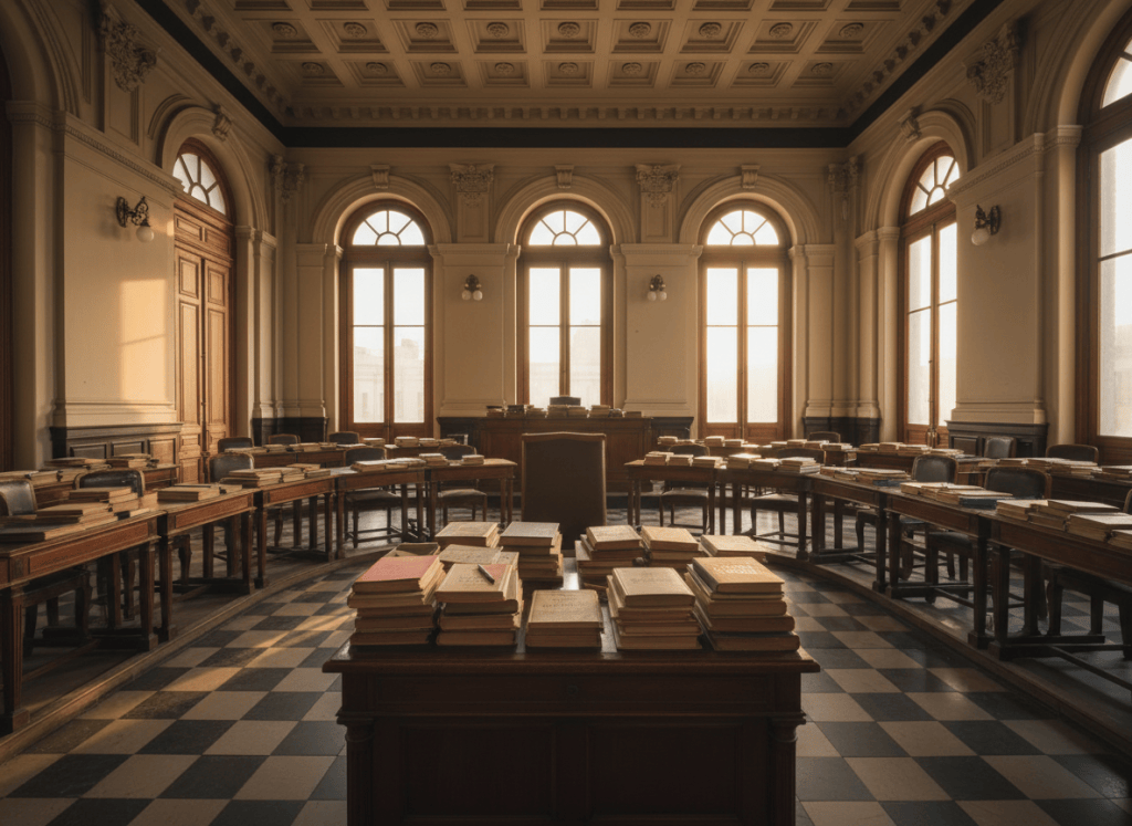 Salón de un concejo deliberante vacío, con pupitres de madera, cuadernos y luz de tarde.