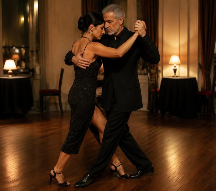 Pareja bailando tango en un salón con piso de madera