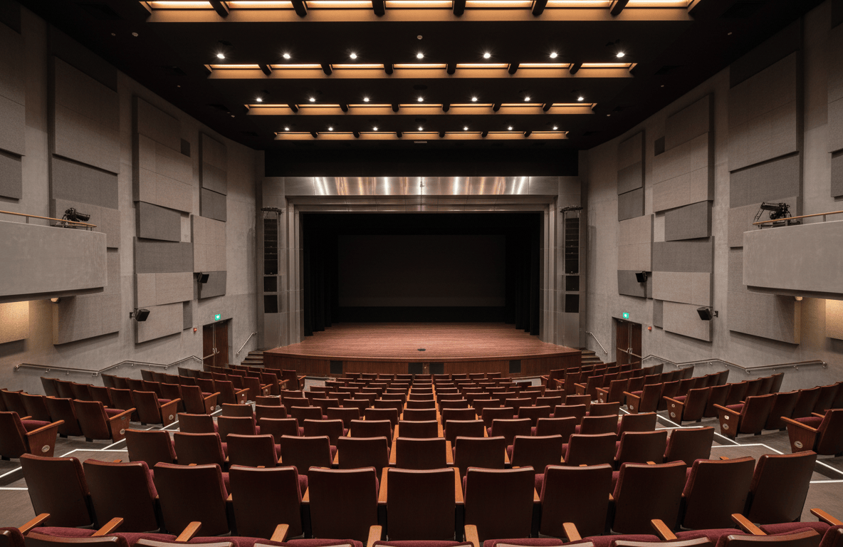 Sala de teatro moderna vacía con butacas y escenario iluminado