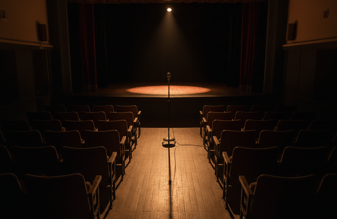 Escenario de teatro vacío con un micrófono y luz cálida