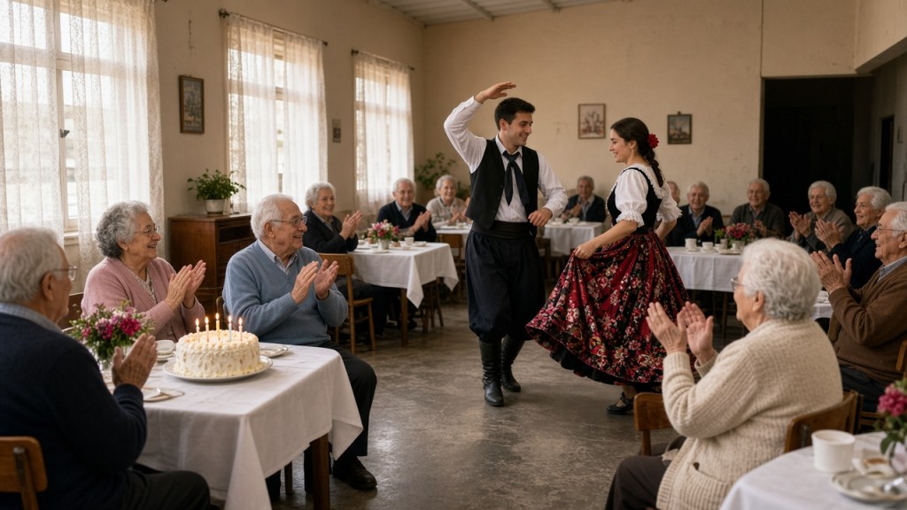 Adultos mayores en un salón comunitario durante una celebración, con torta y danza folclórica.