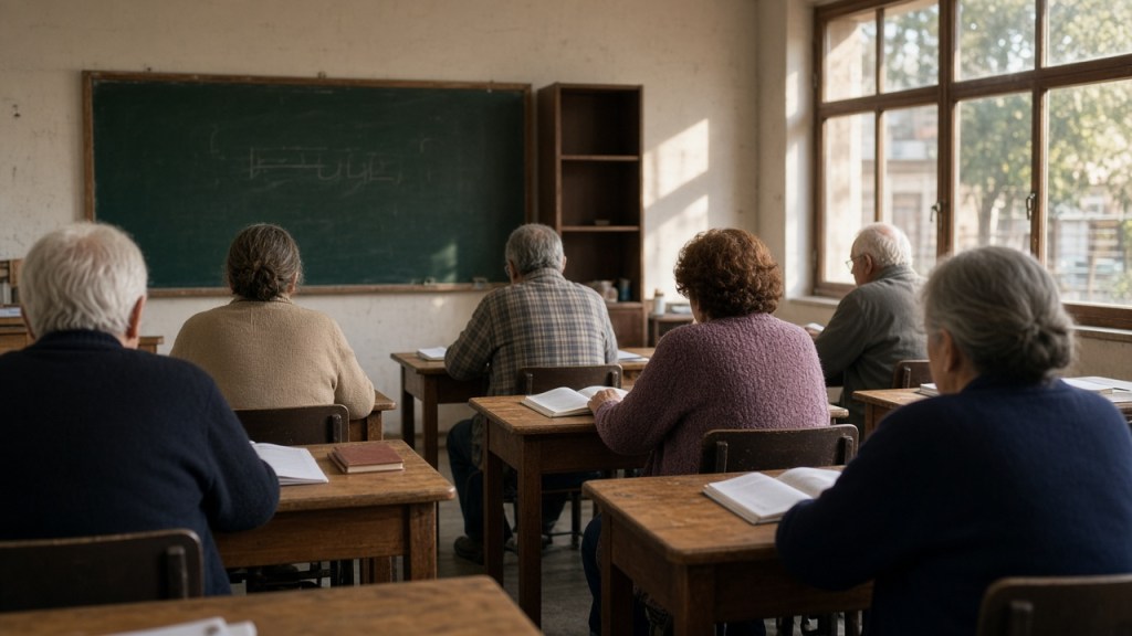 Aula con adultos y cuadernos abiertos, sin logos