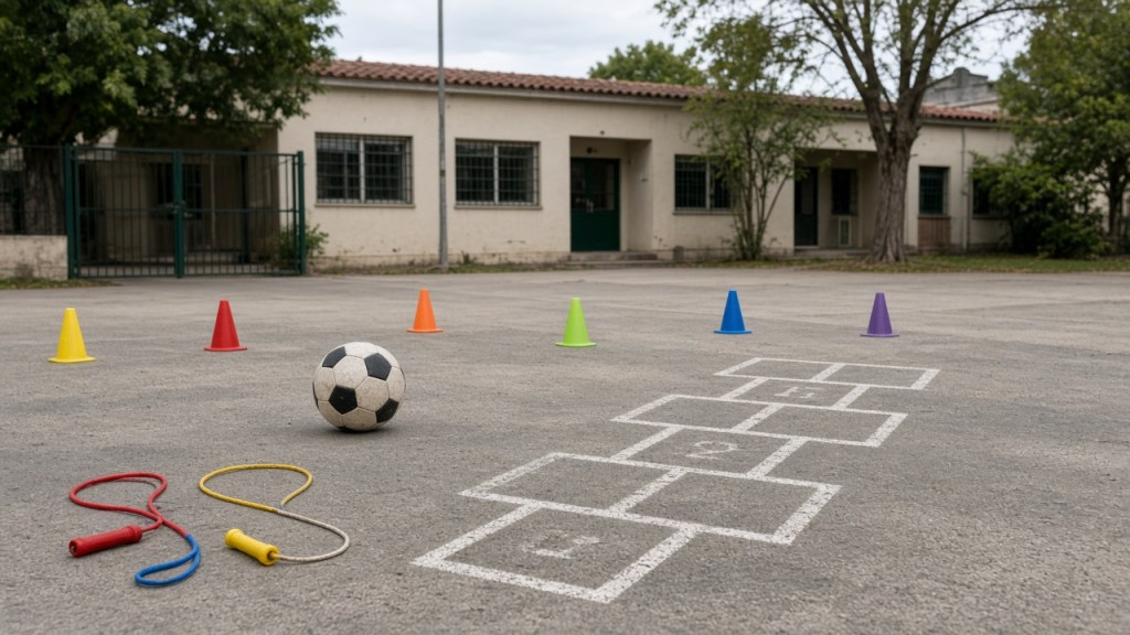 Patio escolar con juegos y material recreativo, sin logos ni rostros identificables.