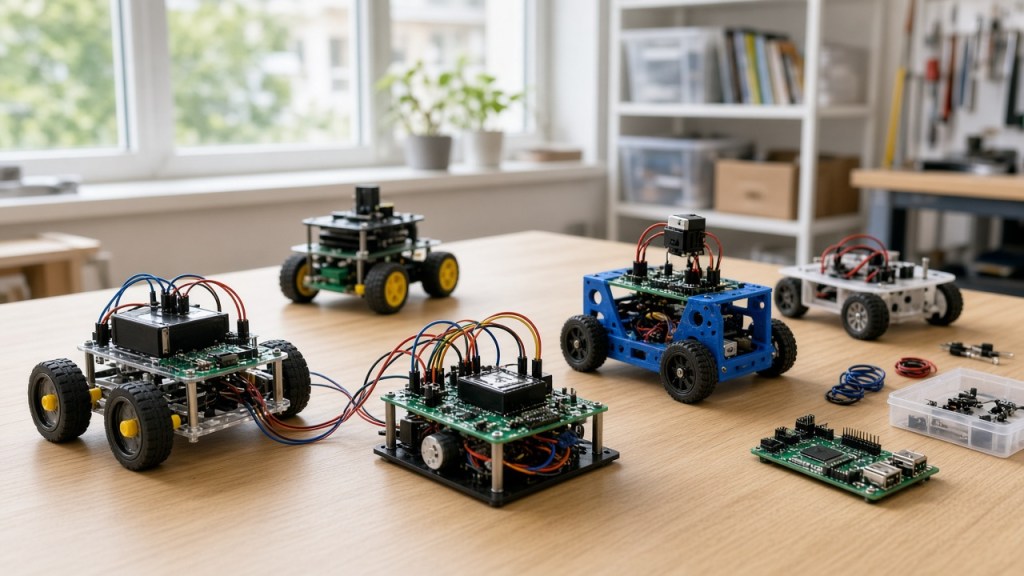 Robots educativos y piezas de taller sobre una mesa, imagen ilustrativa de una liga de robótica.