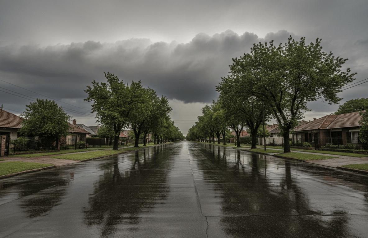 Cielo nublado sobre una calle suburbana del conurbano bonaerense, con nubes oscuras de tormenta al atardecer.