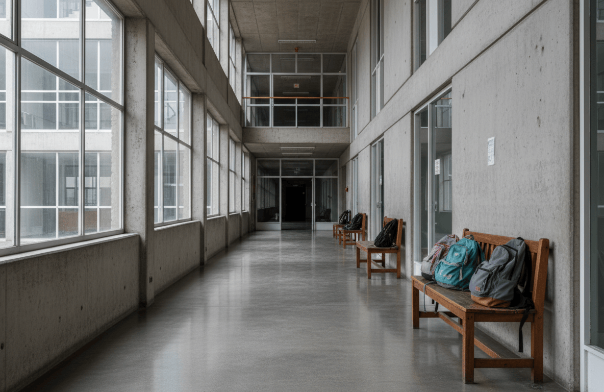 Pasillo de universidad pública con bancos y mochilas, sin logos ni texto