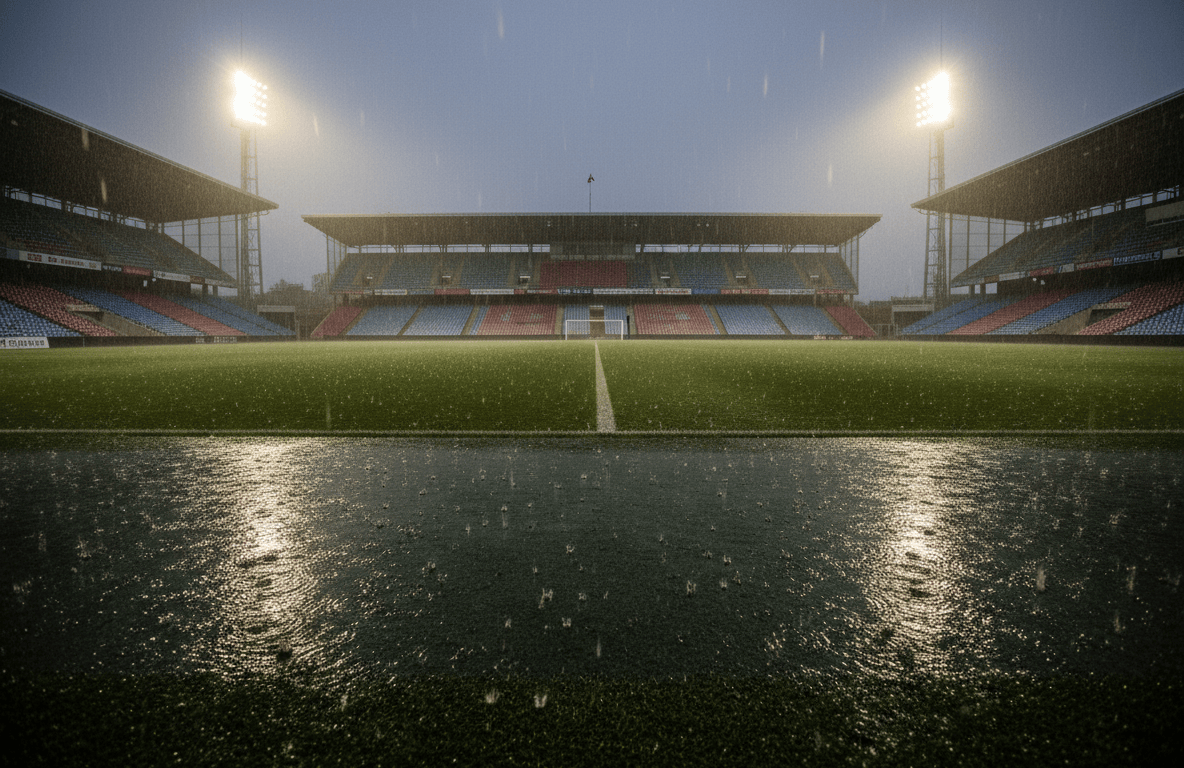 Cancha de fútbol vacía bajo la lluvia