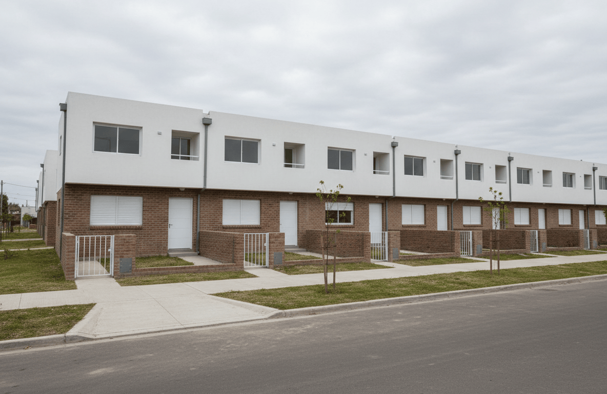 Complejo de viviendas a estrenar de dos plantas con patios, en un barrio del conurbano.