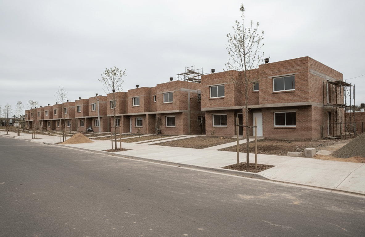 Manzana de viviendas nuevas de dos plantas en un barrio del conurbano, de día