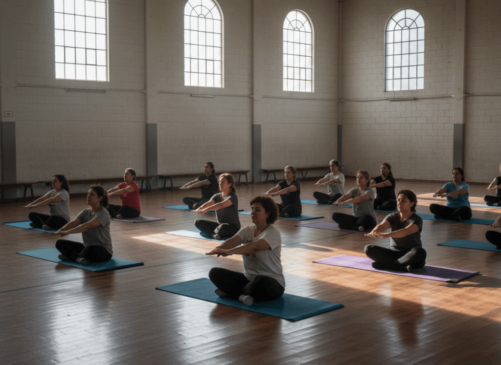 Personas haciendo yoga en un polideportivo municipal